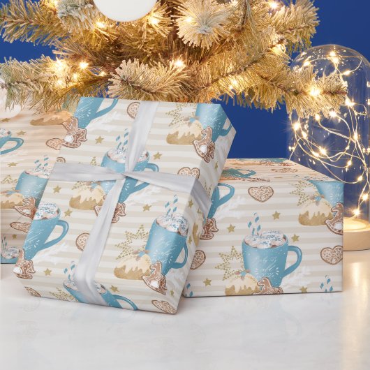 Blauer Becher & Lebkuchen-Keks-Muster Geschenkpapier (Feiertage)
