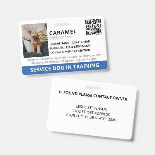 Blauer benutzerdefinierter QR-Code Servicehund in Ausweis (Vorder- & Rückseite)