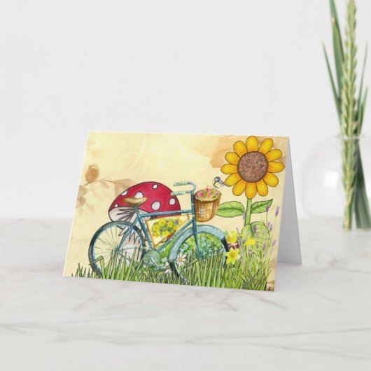 Blauer Bicycle Sonnenblume Roter Pilz Gelber Vogel Karte (Vorderseite)