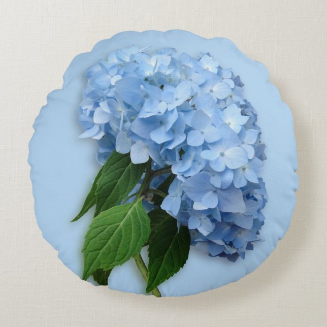 Blauer Bläschen Hydrangea Akzente Rundkissen Rundes Kissen (Vorderseite)