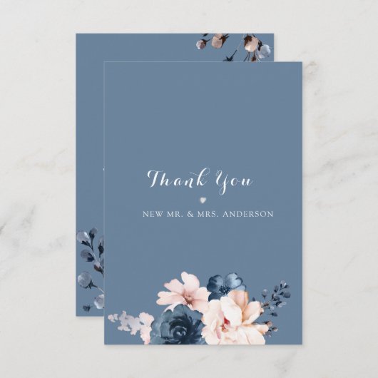 Blauer, blassrosa blumiger Hochzeitstag Dankeskarte (Vorne/Hinten)