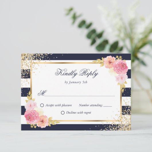 Blauer Blauer Blütenrosa Blütenhochzeit RSVP Karte (Stehend Vorderseite)