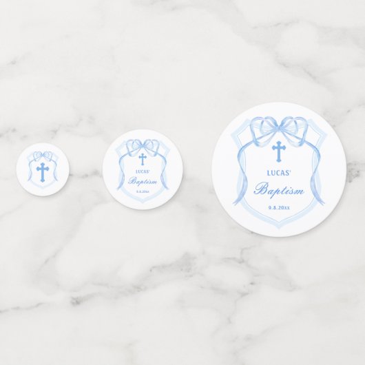 Blauer Blauer Bow Wappen Tauftisch Konfetti (Vorderseiten)