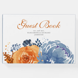 Blauer Blauer Burnt Orange Fall Floral Hochzeit Gästebuch