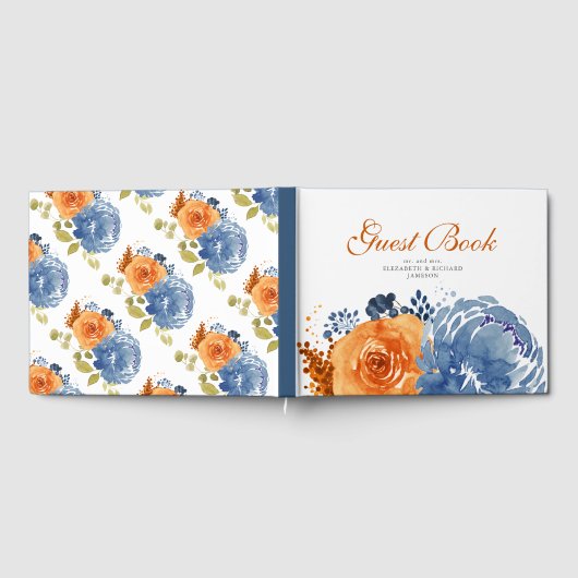 Blauer Blauer Burnt Orange Fall Floral Hochzeit Gästebuch (Voll)