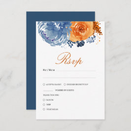 Blauer Blauer Burnt Orange Fall Floral Hochzeit RSVP Karte
