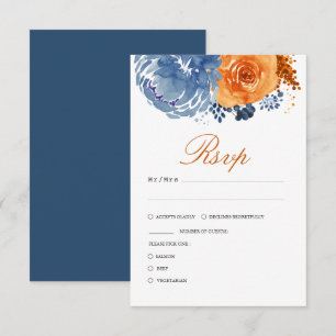 Blauer Blauer Burnt Orange Fall Floral Hochzeit RSVP Karte