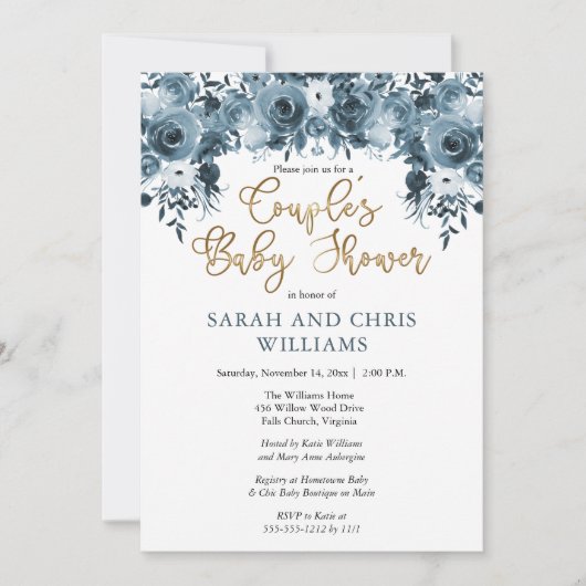 Blauer Blauer | Gold Couples Kinderdusche Einladung (Vorderseite)