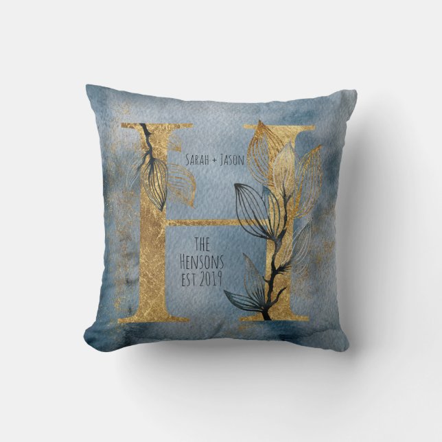 Blauer Blauer Grau-Gold-H Monogram-Throw-Kissen Kissen (Vorderseite)