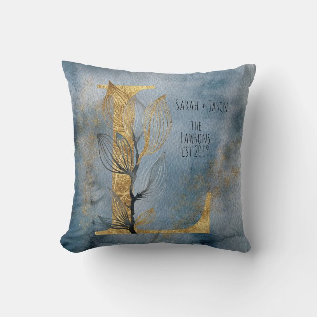 Blauer Blauer Graue Gold L Monogram Kissen Kissen (Vorderseite)