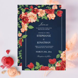 Blauer Blauer Rot und Burnt Orange Rose Blumenhoch Einladung