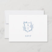 Blauer Blauer Script Wappen Monogram RSVP Card Einladung (Rückseite)