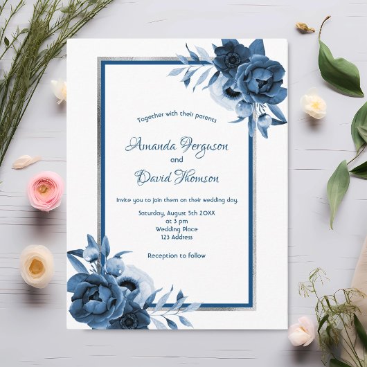 Blauer Blauer Silberflor Hochzeitseinladung Postkarte