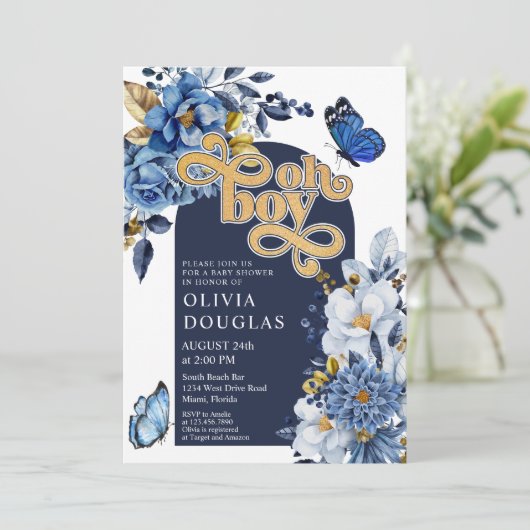 Blauer Blauer und goldene Blütenschmetterlingsdusc Einladung (Stehend Vorderseite)