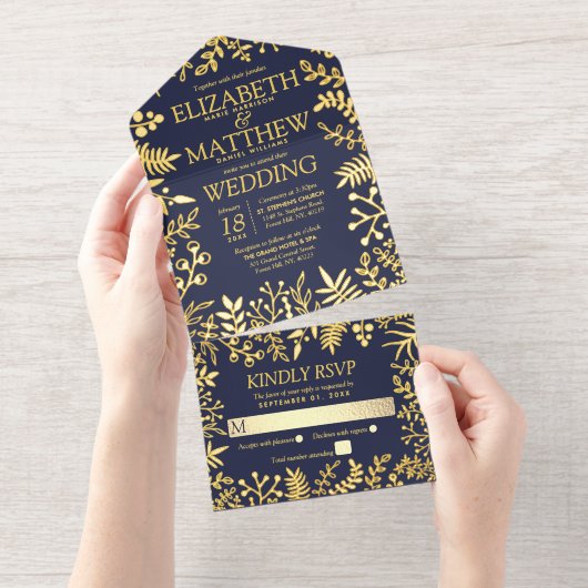 Blauer Blauer und Real-Gold-Foil gepresst Blumenho All-in-One-Einladung (Abreißstreifen)