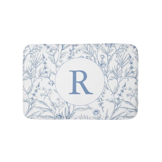 Blauer Blauer und weißer Blütenmonogramm Badematte (Vorderseite)