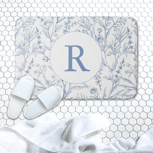 Blauer Blauer und weißer Blütenmonogramm Badematte