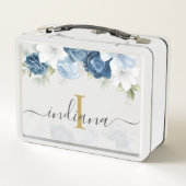 Blauer Blauer Wasserfarbenfloral Monogramm-Name Metall Brotdose (Rückseite)