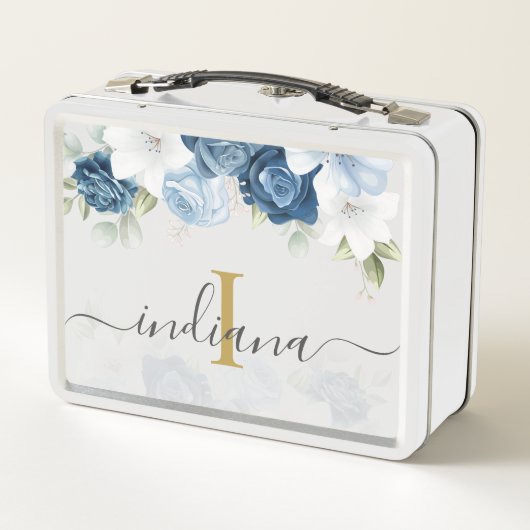 Blauer Blauer Wasserfarbenfloral Monogramm-Name Metall Brotdose (Rückseite)