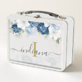 Blauer Blauer Wasserfarbenfloral Monogramm-Name Metall Brotdose (Vorderseite)