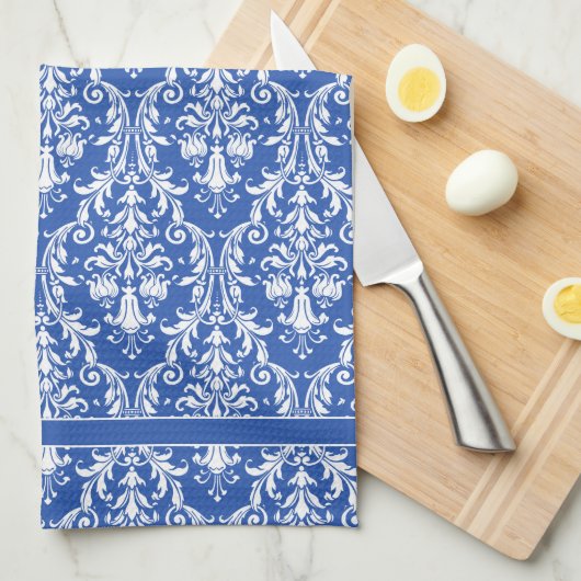 Blauer Blauer Wirbel Damask 4 Monogramm Geschirrtuch (Viertel Falte)