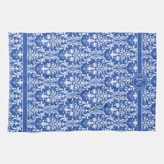 Blauer Blauer Wirbel Damask 4 Monogramm Geschirrtuch (Horizontal)