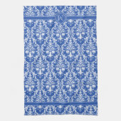 Blauer Blauer Wirbel Damask 4 Monogramm Geschirrtuch (Vertikal)