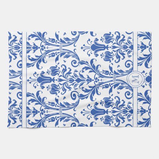 Blauer Blauer Wirbel Damask Monogramm Geschirrtuch (Horizontal)
