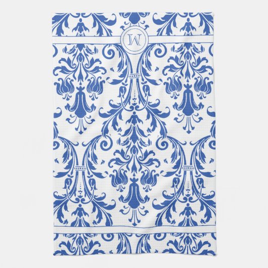 Blauer Blauer Wirbel Damask Monogramm Geschirrtuch (Vertikal)