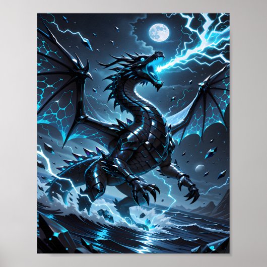 Blauer Blitz, Schwarzer Drache, Sturm-Fantasie Poster (Vorne)