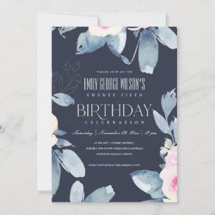 BLAUER BLUE FLORAL 25. ALTER GEBURTSTAG EINLADUNG