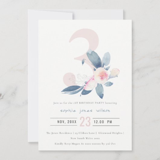 BLAUER BLUE FLORAL 3RD ALTER GEBURTSTAG EINLADUNG (Vorderseite)