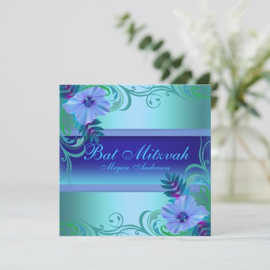 Blauer Blume Bat Mitzvah Einladung (Stehend Vorderseite)