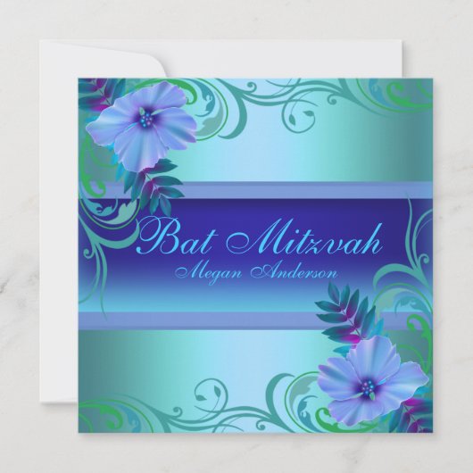 Blauer Blume Bat Mitzvah Einladung (Vorderseite)