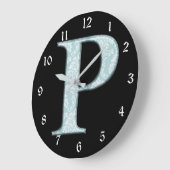 Blauer Blume Damask Monogram, Initial P Design Clo Große Wanduhr (Winkel)