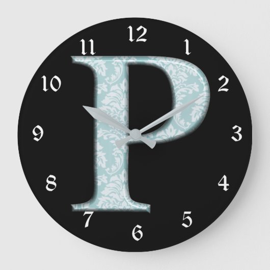 Blauer Blume Damask Monogram, Initial P Design Clo Große Wanduhr (Vorderseite)