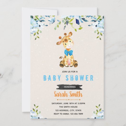 Blauer Blume-Giraffe zum Thema Einladung (Vorderseite)