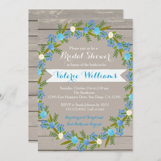 Blauer Blume Rustikale Brautdusche Einladung (Vorne/Hinten)