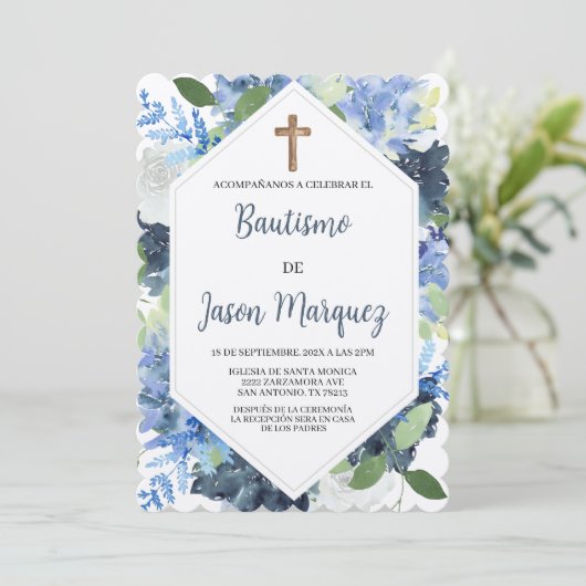 Blauer Blume - Taufe Einladung (Stehend Vorderseite)