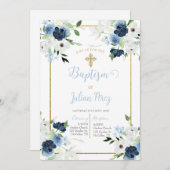 Blauer Blume - Taufe für Junge Einladung (Vorne/Hinten)
