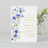 Blauer Blumen Brautparty Gold Folieneinladung (Stehend vorne)