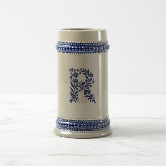 Blauer Blumen-Buchstabe R Monogramm-Becher Bierglas (Mittel)