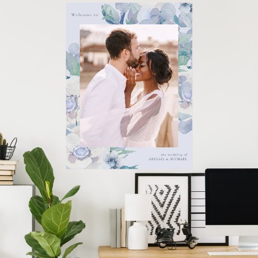 Blauer Blumen Ein Foto Hochzeit Willkommen Poster (Heimbüro)