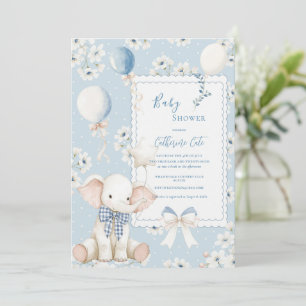 Blauer Blumen-Elefant mit Ballons Elegantes Baby Einladung