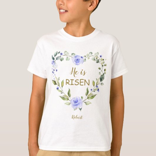 Blauer Blumen Er ist Risen Happy Oaster Typografie T-Shirt (Vorderseite)