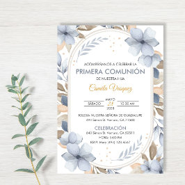 Blauer Blumen Erste Kommune in Spanisch Katholisch Einladung