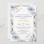 Blauer Blumen Erste Kommune in Spanisch Katholisch Einladung (Vorderseite)