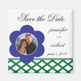 Blauer Blumen-Foto-Rahmen Save the Date Magnet