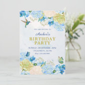 Blauer Blumen-Garten-Geburtstag Einladung (Stehend Vorderseite)