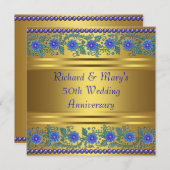 Blauer Blumen Gold 50. Hochzeitstag Einladung (Vorne/Hinten)